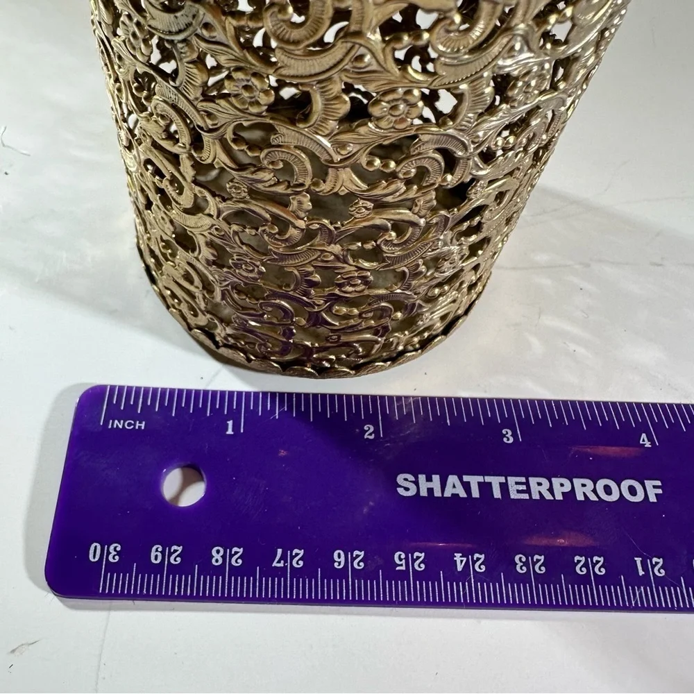 Vintage Gold Filigree Hairspray Can Holder Hollywood Regency Enamel Flowers
